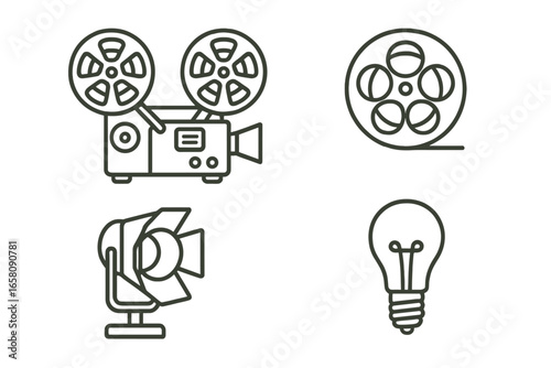 Vintage Film Equipment Outline Icons Set with Reel-to-Reel Projector, Classic Film Reels, and Studio Lamp Vector Illustrations on Transparent Background for Cinema and Media Design