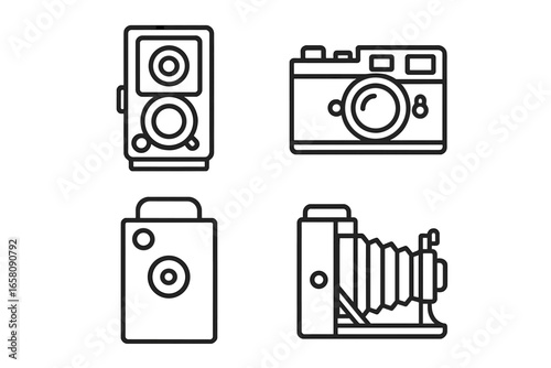 Vintage camera icons set, outline vector illustration of classic twin-lens reflex, rangefinder, box, folding cameras, retro photographic equipment collection, black linear isolated graphic design