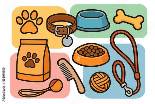 Set of pet care accessories for dogs and cats. Vector cartoon illustration collection with food, toys, collar, leash, and grooming items. For pet shop, vet clinic, or animal care.