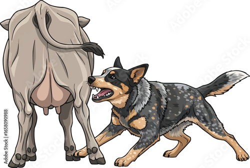 Australian Cattle Dog nibbling at livestock heels - herding style