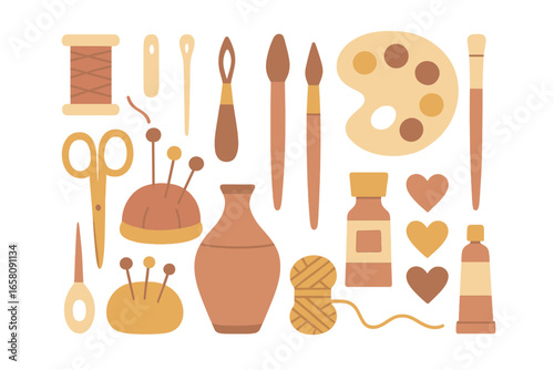 Craft and hobby tool set vector illustration. Sewing, painting, pottery and creative supplies. Handmade DIY concept in a minimalist flat style with a warm color palette.