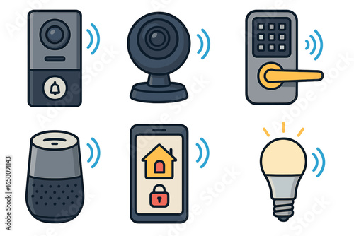 Smart home technology icons set for automation and security. Vector illustration of modern devices like camera, doorbell, smart lock, lightbulb, and speaker for IoT concept.