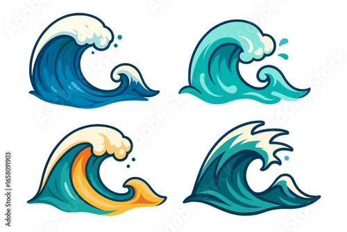 Wave set in cartoon style. Ocean and sea water surf icon collection. Vector illustration of a storm tsunami splash and a tropical beach tidal curl. Graphic design elements.