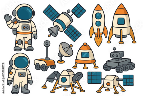 Space exploration vector icon set. Cartoon astronaut, rocket ship, satellite, rover, and planet lander. Cute kid cosmos adventure graphic elements. Galaxy science technology.