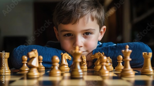 A young boy in a blue shirt, sitting at a chessboard with a set of chess pieces, focused on the game.