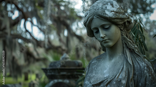 Weathered statue of a young woman, draped in a clothe, marking a grave in old southern US cemetery; with live oak trees covered in Spanish moss in the background.