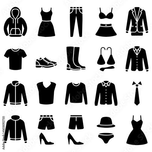 Event dress code thin line icon set. Containing clothes, tuxedo, shirt, suit, tie, shoe, hanger, and bag for fashion, wedding, ceremony, celebration, festival and other. Vector illustration