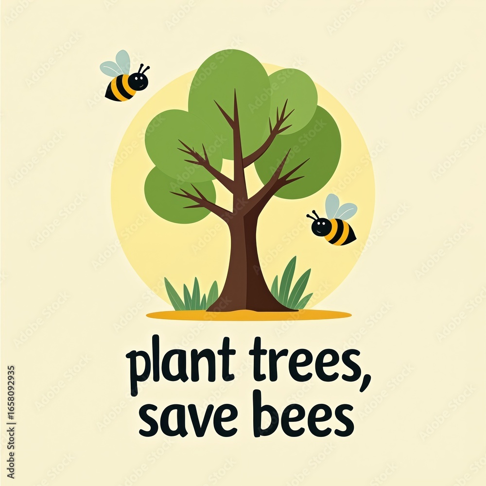 Obraz premium Minimalist illustration promotes planting trees to save bees, protect environment. Features stylized tree, flying bees, green grass, yellow circle background. Simple graphic design conveys ecological