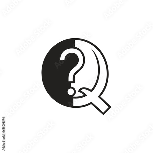 Black and white illustration of a question mark inside a magnifying glass, representing inquiry.