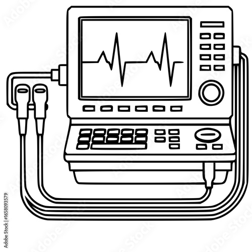 ECG Heart Monitor Line Art, Black and White Medical Defibrillator Illustration