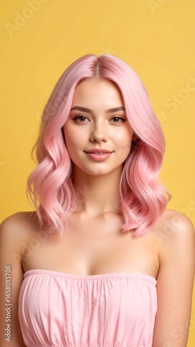 Woman with pink hair and dress