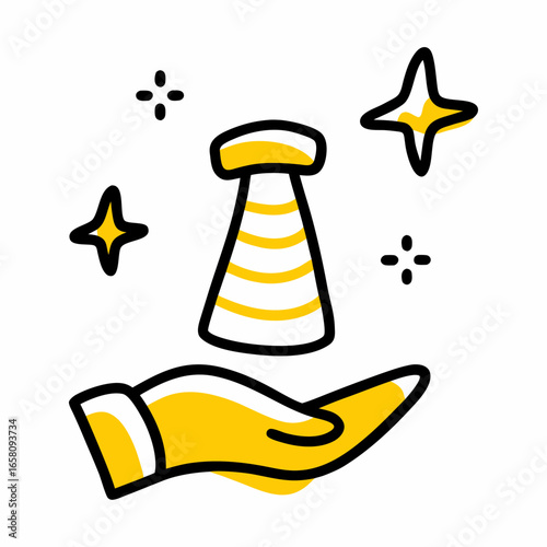 Hand holding stylized nuclear symbol with sparkles in minimalist design  