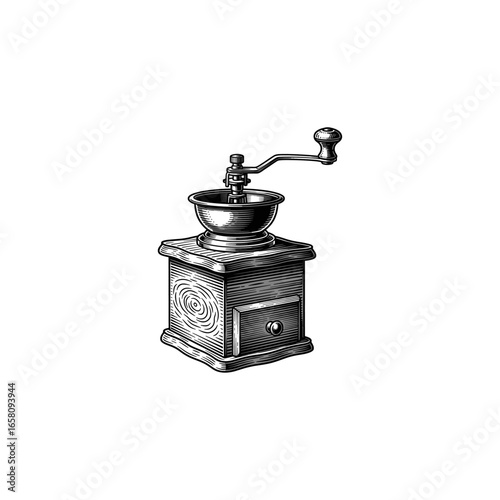 Coffee grinding machine engraving illustration. Scratch board imitation. Black and white image. flat vector