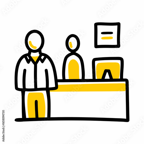 Two people at a reception desk with a computer and document  