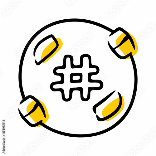 Graphic illustration of a round hash symbol with yellow accents  