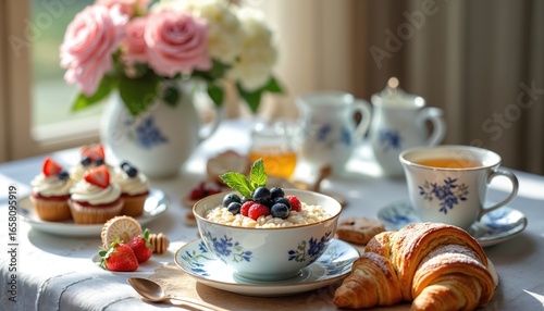 Wallpaper Mural Luxurious morning table setting with porridge topped with fresh berries, flaky croissants, steaming cup of tea. Elegant porcelain set complements meal, creating serene, inviting breakfast ambiance Torontodigital.ca