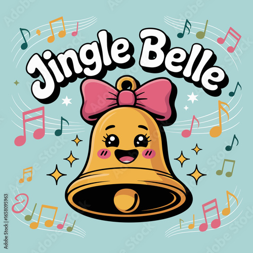 Jingle belle bell character with face and bow, musical notes, cheerful christmas typography for greeting cards, stickers and shirts