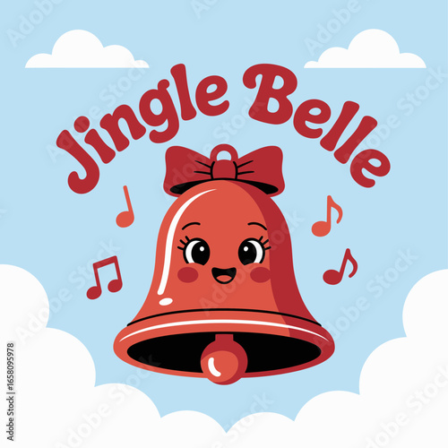 Jingle belle holiday bell mascot, smiling face with red ribbon bow, sky background, christmas poster card sticker and tag design