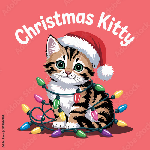 Christmas kitty kitten wearing Santa hat tangled in string lights cute holiday vector illustration for greeting cards posters stickers
