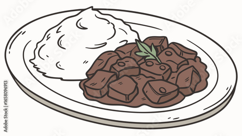 Hearty beef stew with mashed potatoes illustration on a plate, showcasing a classic comfort food meal and simple meal presentation for culinary and dining concepts