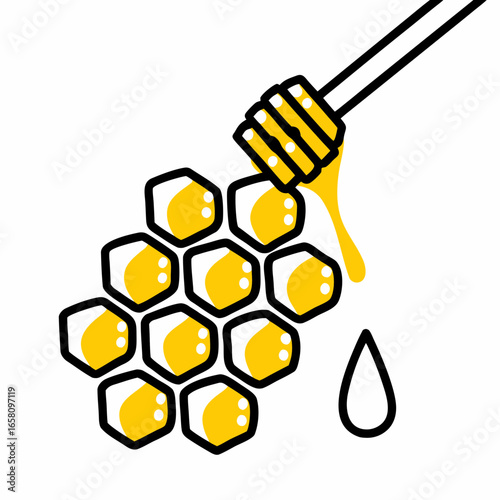 Honey dipper dripping honey over honeycomb on white background  