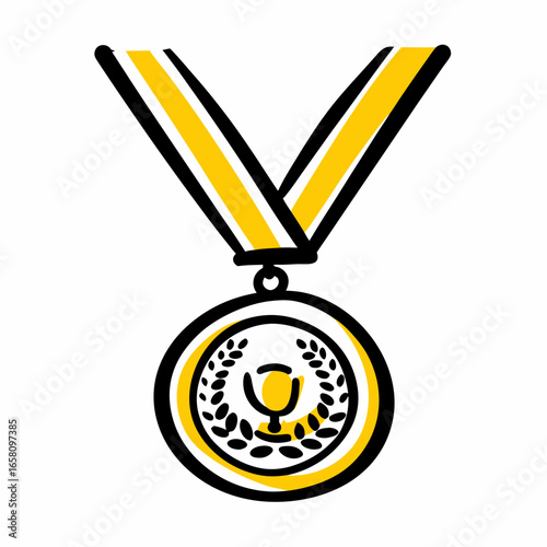 Medal with trophy symbol and yellow striped ribbon  