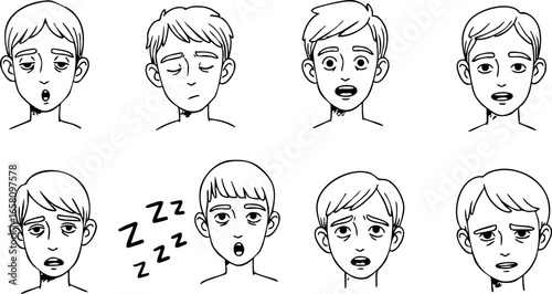 Boy Facial Expressions Vector Set Showing Various Emotions and Feelings in Black and White 