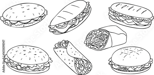 Fast food sandwich and wrap vector illustration with burgers and subs 