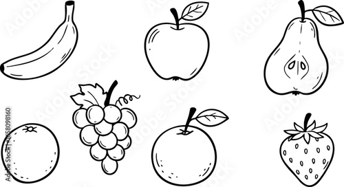 Hand-drawn fruits collection with banana apple pear orange strawberry and grapes vector illustration 
