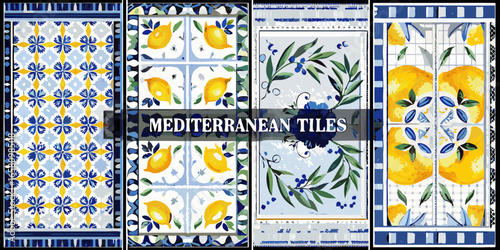 Collection of Mediterranean style tiles with lemons olives and floral patterns