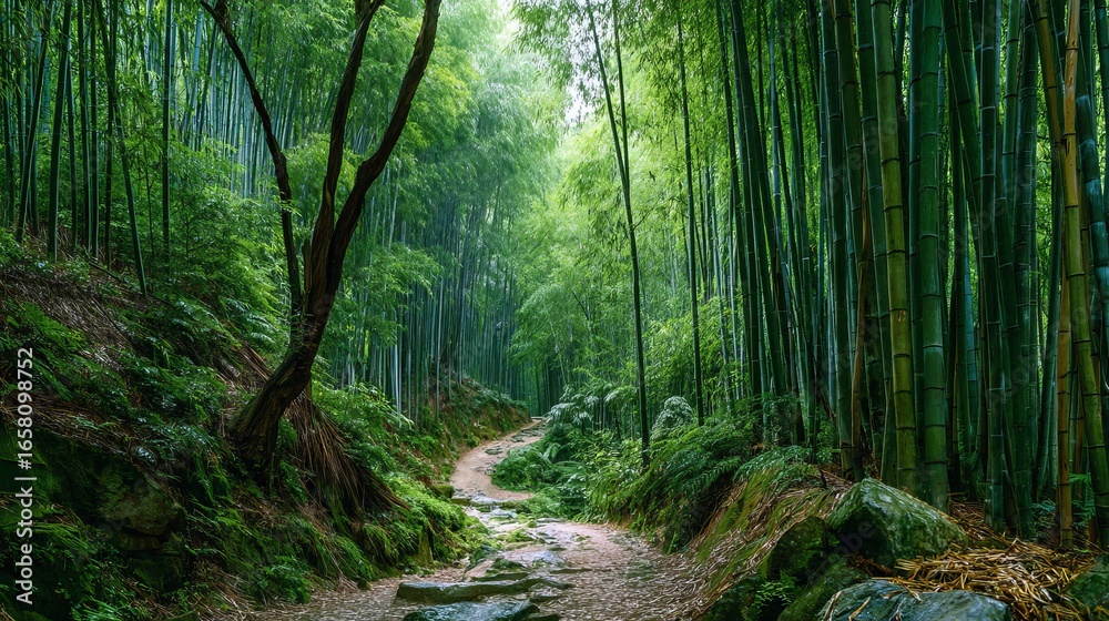 Obraz premium Serene bamboo forest path invites peaceful exploration amidst lush green tranquility and natural beauty.