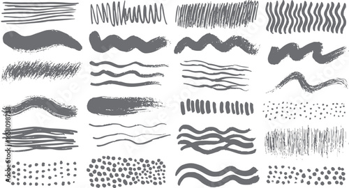 Grunge brush strokes and dots collection. Hand drawn abstract paint textures and artistic scribble elements. Creative vector background