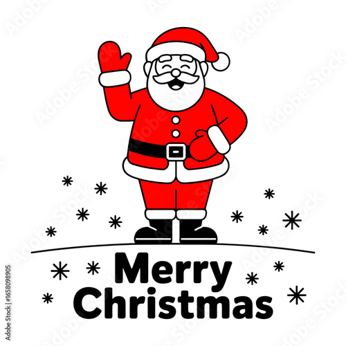 Santa waving Merry Christmas wording, black and white badge with snow, classic holiday typography logo for poster card sticker