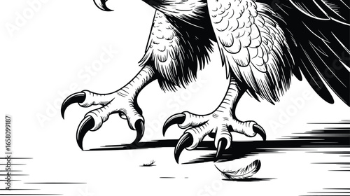 Close up of a fierce eagle s talons and legs in a detailed ink sketch