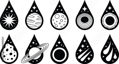 Collection of celestial droplet illustrations with cosmic elements
