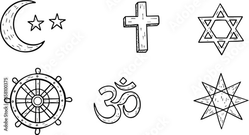 Religious symbols collection with crescent cross star dharma om vector illustration 