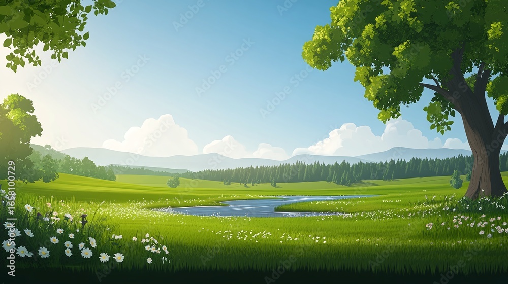 Fototapeta premium A tranquil meadow scene with a gentle stream.