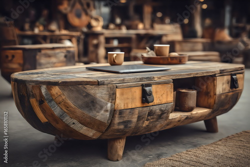 Wallpaper Mural Rustic wooden coffee table with drawers and serving trays in a cozy marketplace setting during the day Torontodigital.ca