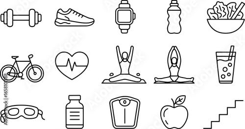 Healthy lifestyle icons set featuring fitness and wellness elements