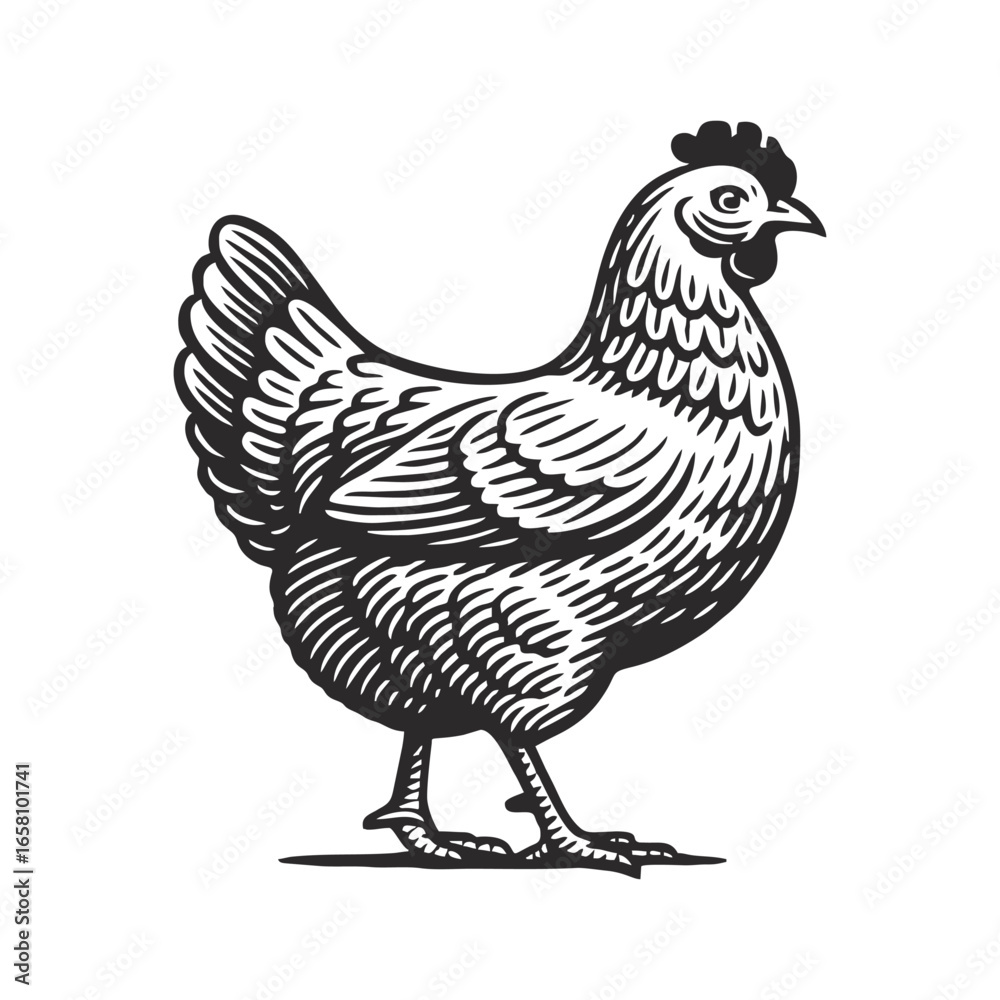 Fototapeta premium A hen standing alone, illustrated in a hand-drawn style.