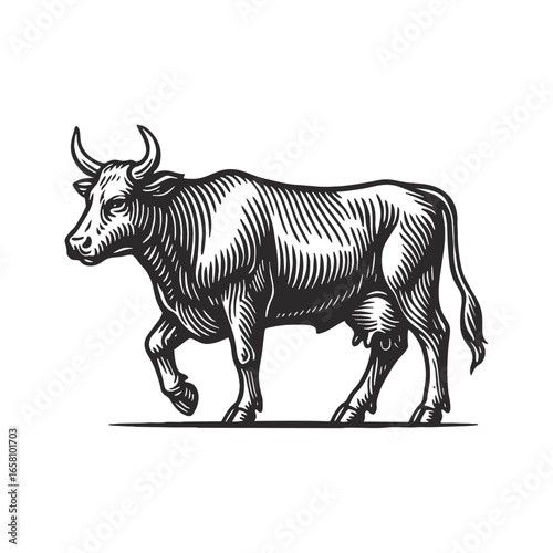 A cow is walking, illustrated in a hand-drawn style.