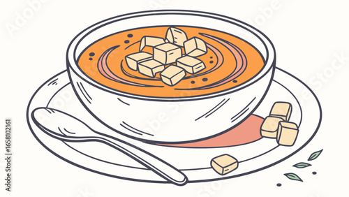 A bowl of creamy tomato soup topped with croutons, served on a plate with a spoon, perfect for a comforting meal, illustration style
