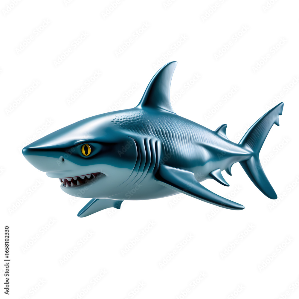 Fototapeta premium Fierce great white shark with sharp teeth and yellow eyes against a black background