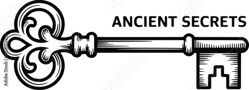 Vintage skeleton key with ancient secrets text