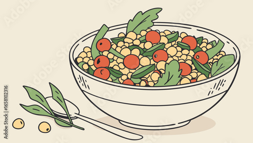 Fresh salad bowl with chickpeas, tomatoes and arugula vector illustration, a healthy and nutritious meal featuring vibrant vegetables and wholesome ingredients for lunch or dinner