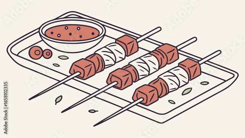 Illustration featuring three skewers of meat and vegetables served with dipping sauce on a tray, showcasing cuisine and culinary presentation