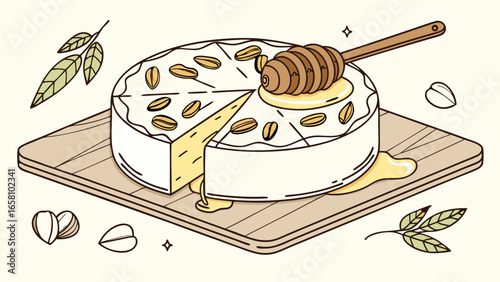 Illustration of creamy brie cheese with honey dipper and pistachios on a wooden board, delicious gourmet food with decorative leaves in soft color palette