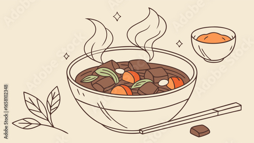 Illustration of a steaming bowl of beef stew with carrots and greens alongside chopsticks and a side dish, creating a comforting culinary scene