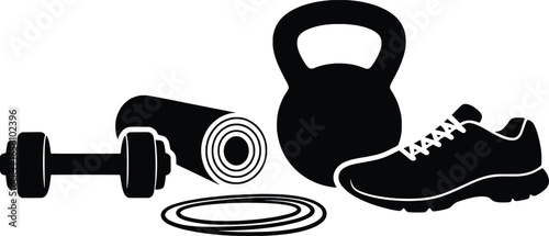 Collection of black fitness equipment on a white background