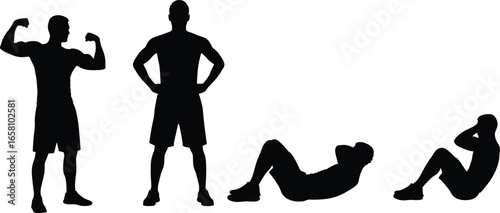 Silhouette of men exercising and bodybuilding, fitness workout poses, gym training vector illustration, strength exercise figures, athletic lifestyle artwork in black and white